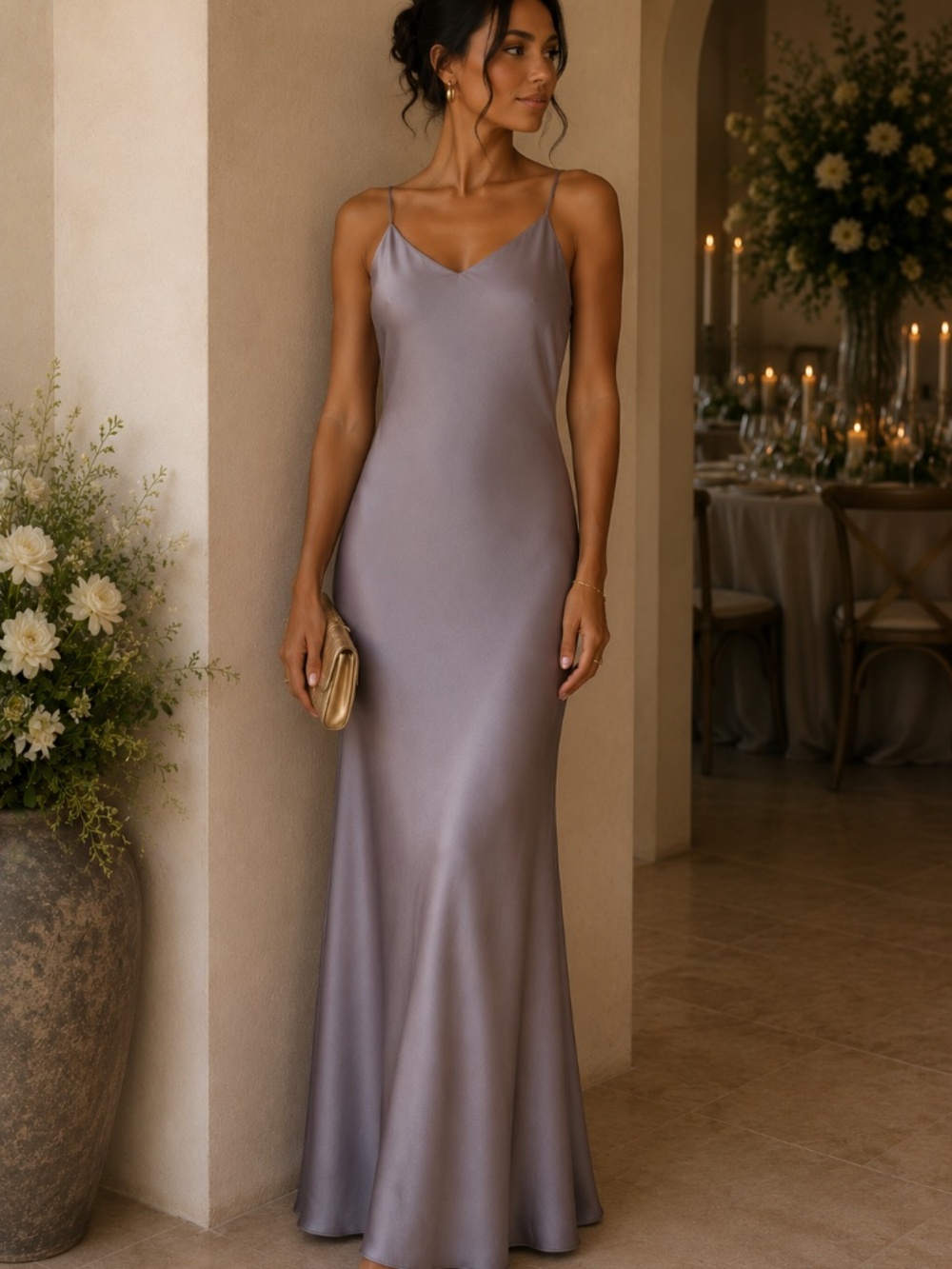 NWT H&M maxi slip dress L taupe slit satin spaghetti straps wedding guest date